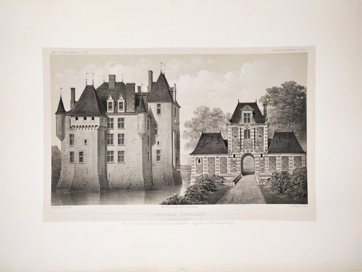 Architecture French Castle Avrilly Auvergne Lithograph By Victor Petit 19th C Old Print-photo-3