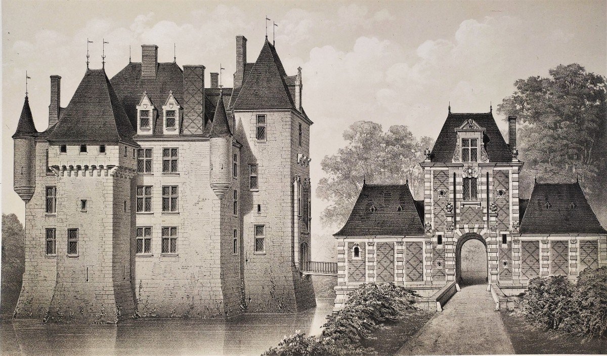 Architecture French Castle Avrilly Auvergne Lithograph By Victor Petit 19th C Old Print-photo-1