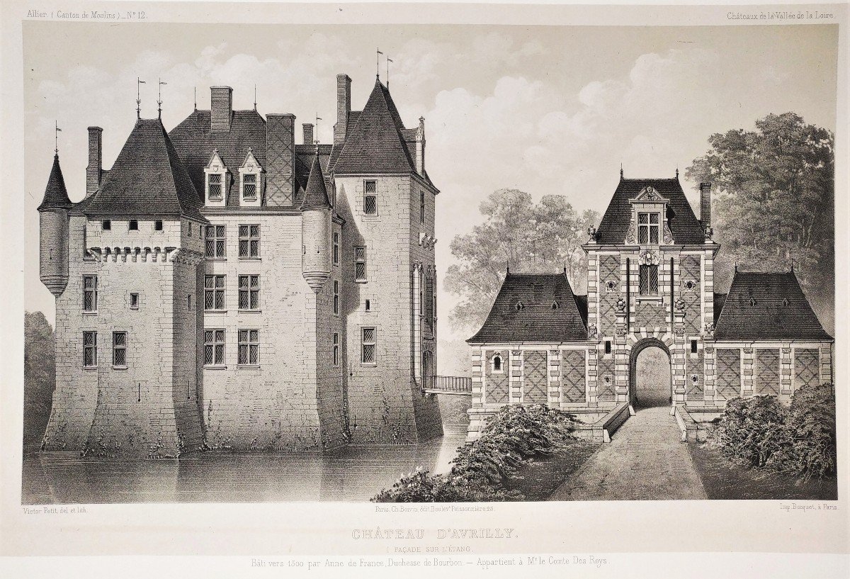Architecture French Castle Avrilly Auvergne Lithograph By Victor Petit 19th C Old Print