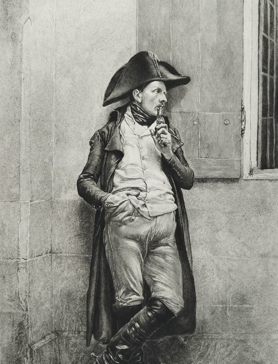 Etching After Meissonier Militaria Engraving Soldier Of The Empire Smoker Old Print 20th C-photo-4