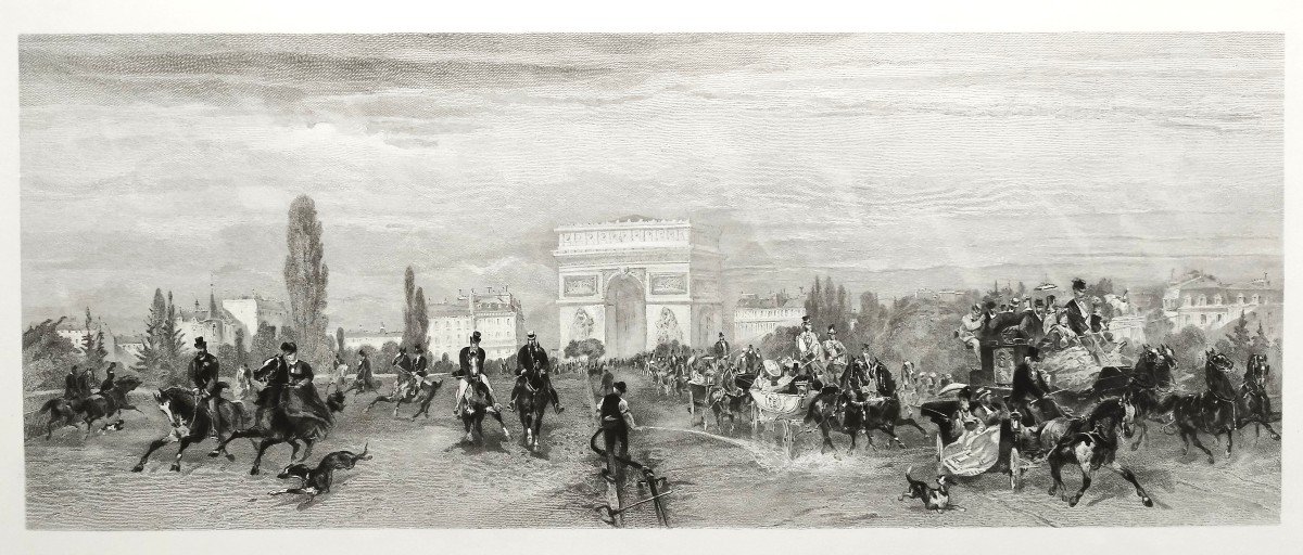 Etching Arc De Triomphe Prize The Departure Of Races  19th  C Engraving Old Print Horses-photo-4