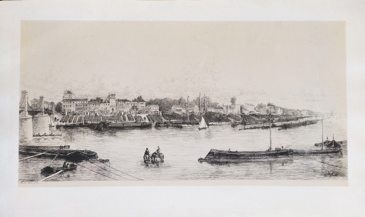 The Seine And The Quai De Bercy Etching By Charles Michel Geoffroy  19th C Old Print-photo-2
