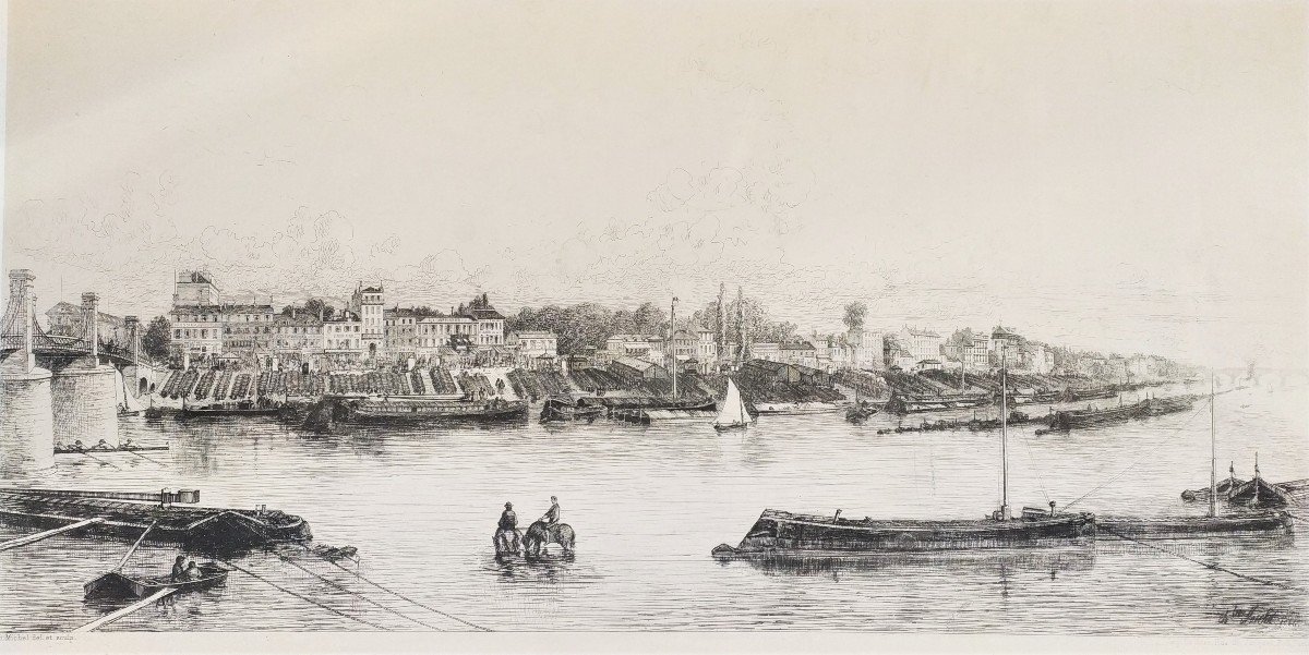 The Seine And The Quai De Bercy Etching By Charles Michel Geoffroy  19th C Old Print-photo-1