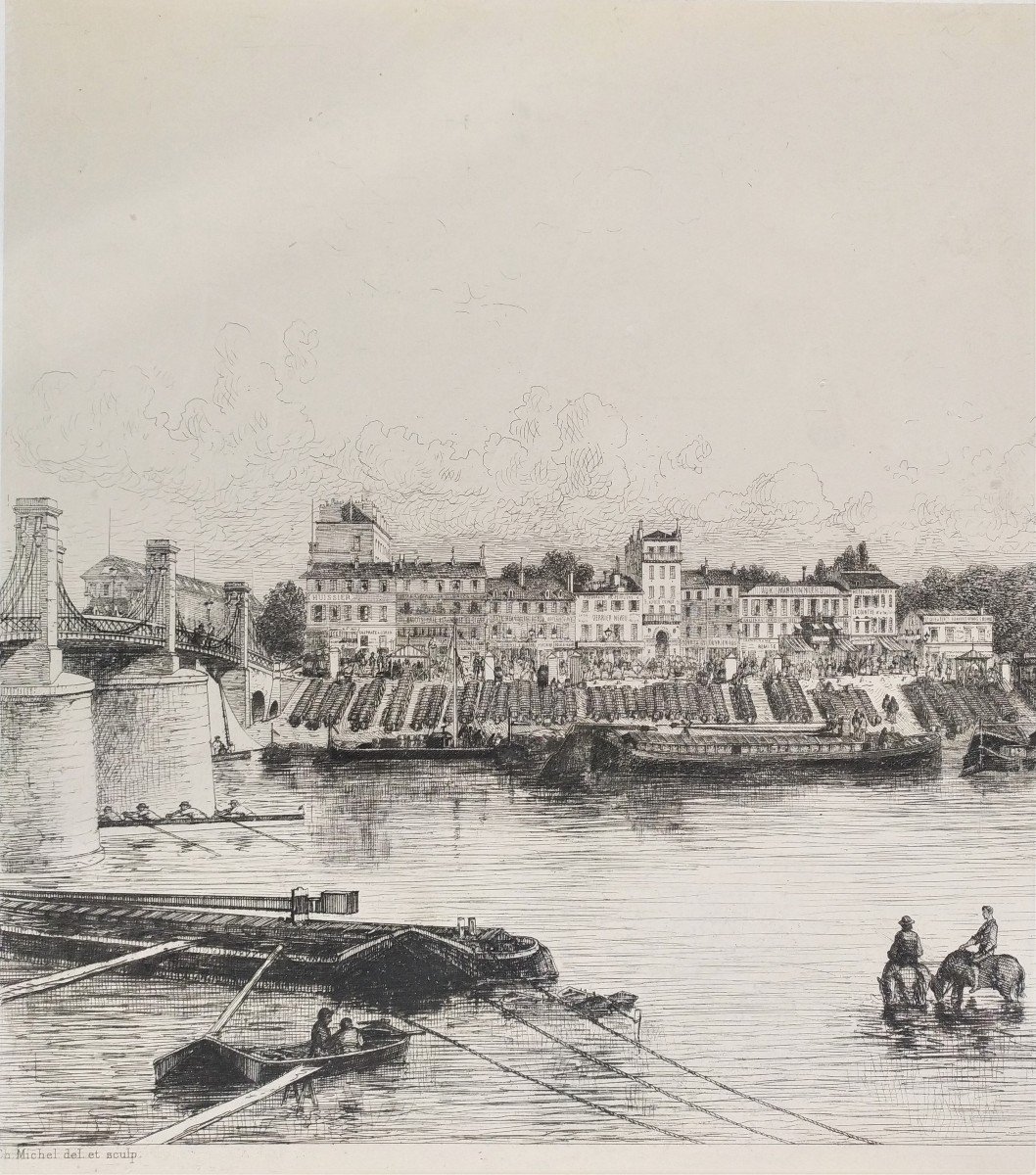 The Seine And The Quai De Bercy Etching By Charles Michel Geoffroy  19th C Old Print-photo-2