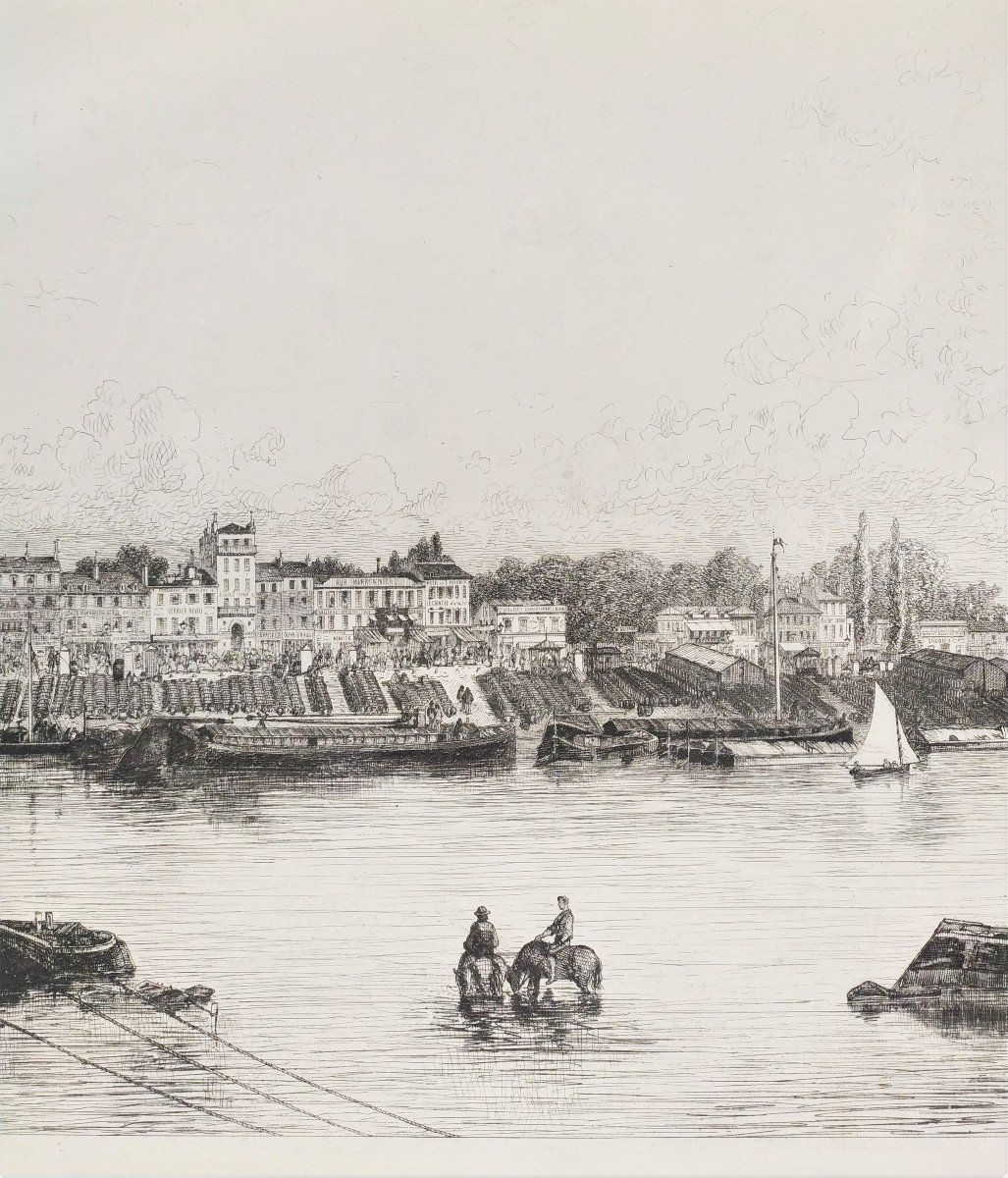 The Seine And The Quai De Bercy Etching By Charles Michel Geoffroy  19th C Old Print-photo-3