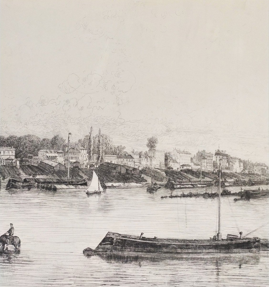 The Seine And The Quai De Bercy Etching By Charles Michel Geoffroy  19th C Old Print-photo-4