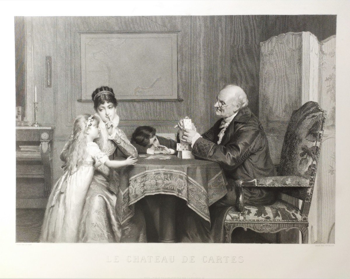 Etching The House Of Cards Engraving After Louis émile Adan 19th C Old Print-photo-3
