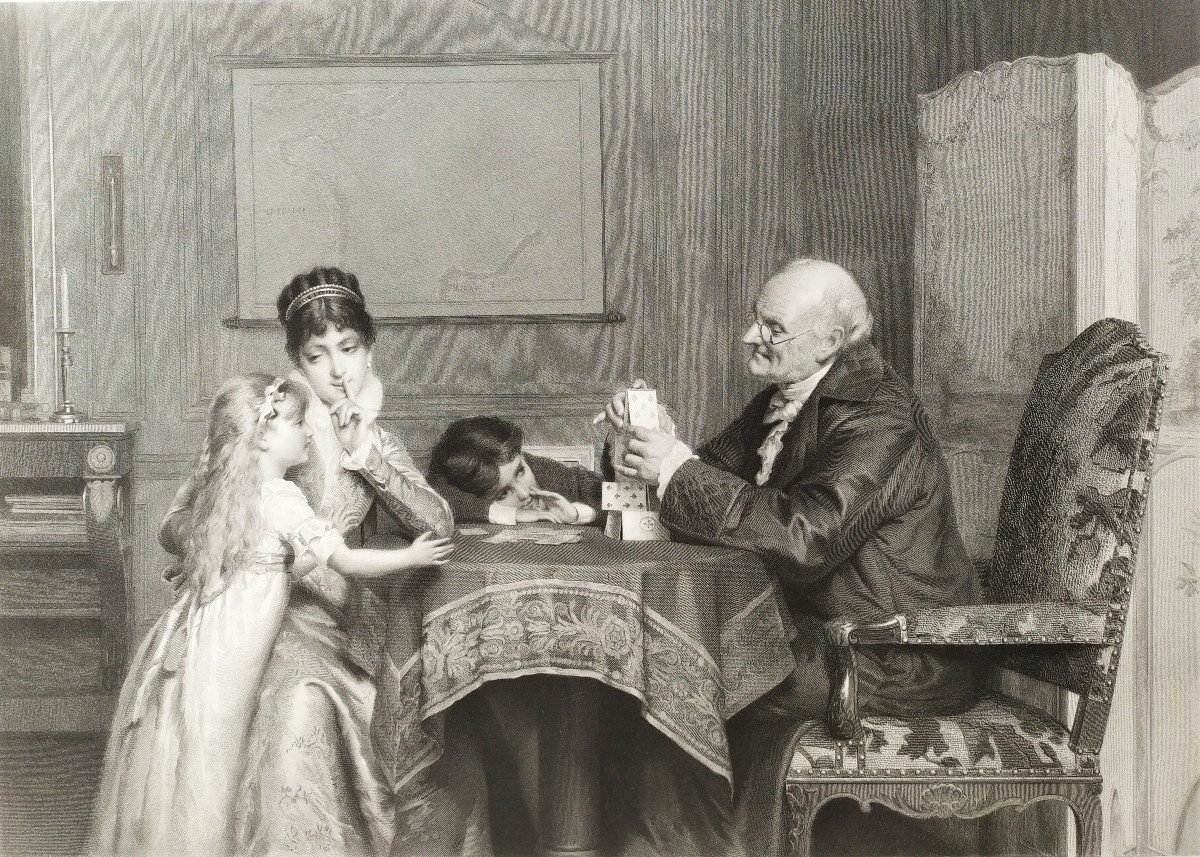 Etching The House Of Cards Engraving After Louis émile Adan 19th C Old Print