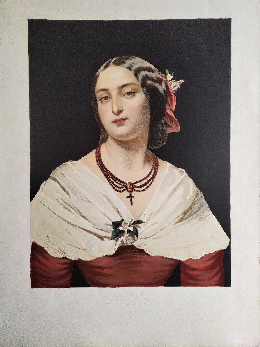 Portrait De Femme Italienne Lithographie Aquarellée XIXème-photo-2