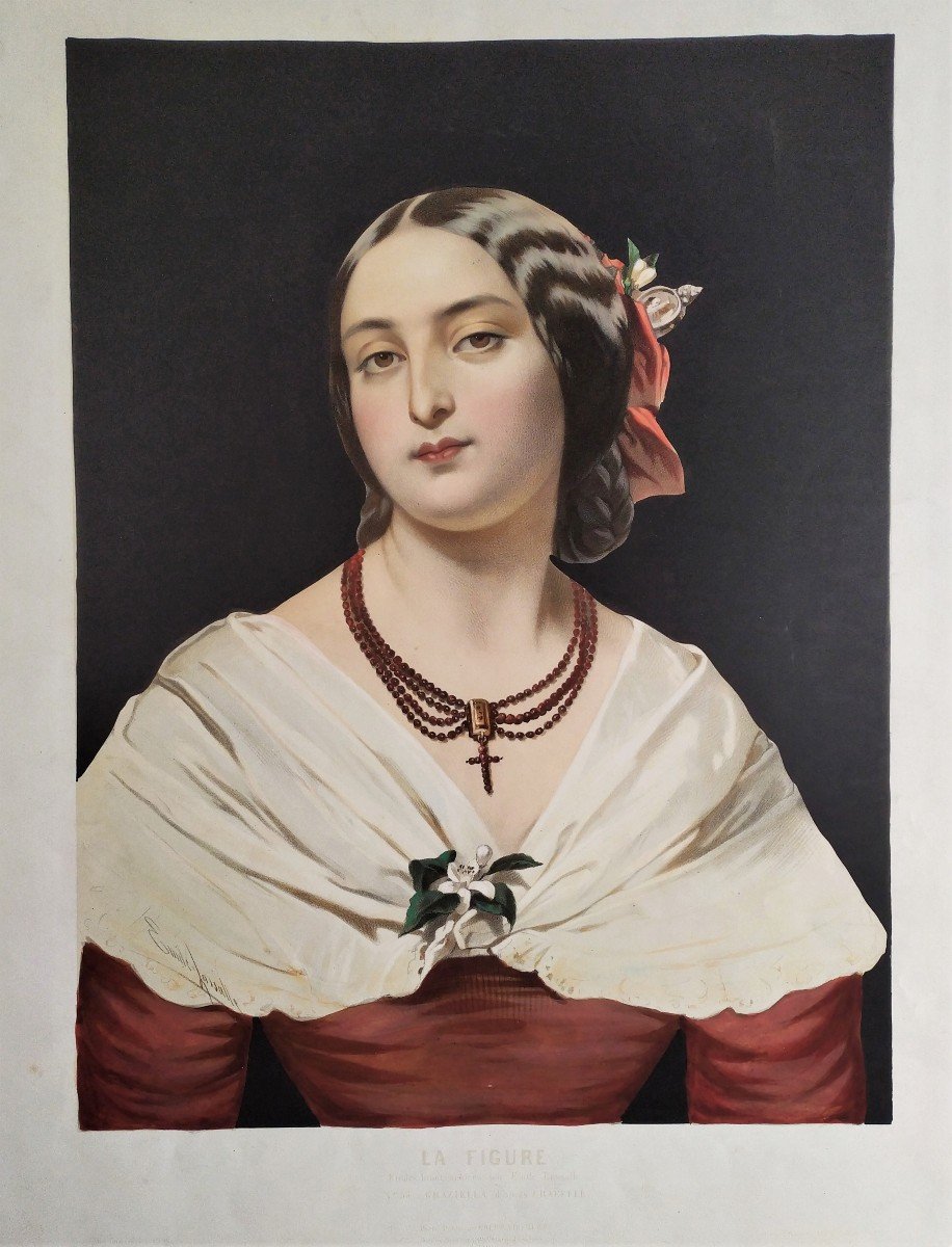 Portrait De Femme Italienne Lithographie Aquarellée XIXème-photo-3
