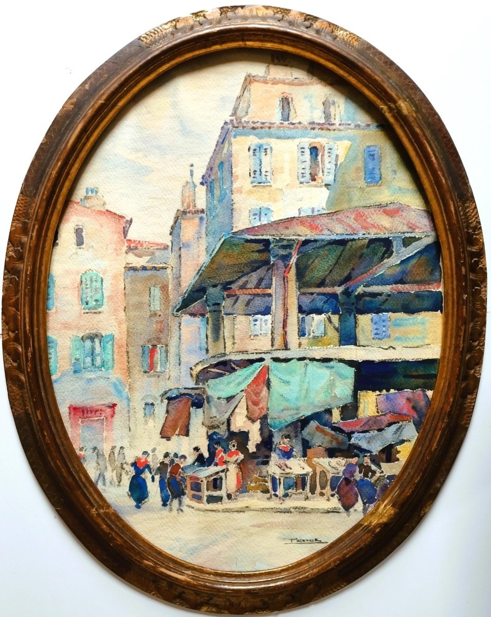  Old Toulon A Market Watercolor By Perrot