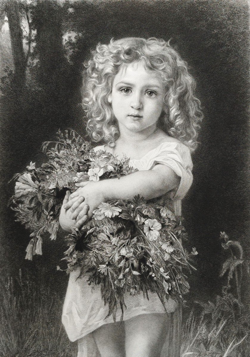 Etching The Little Girl Engraving After William Bouguereau 19th C Old Print-photo-4