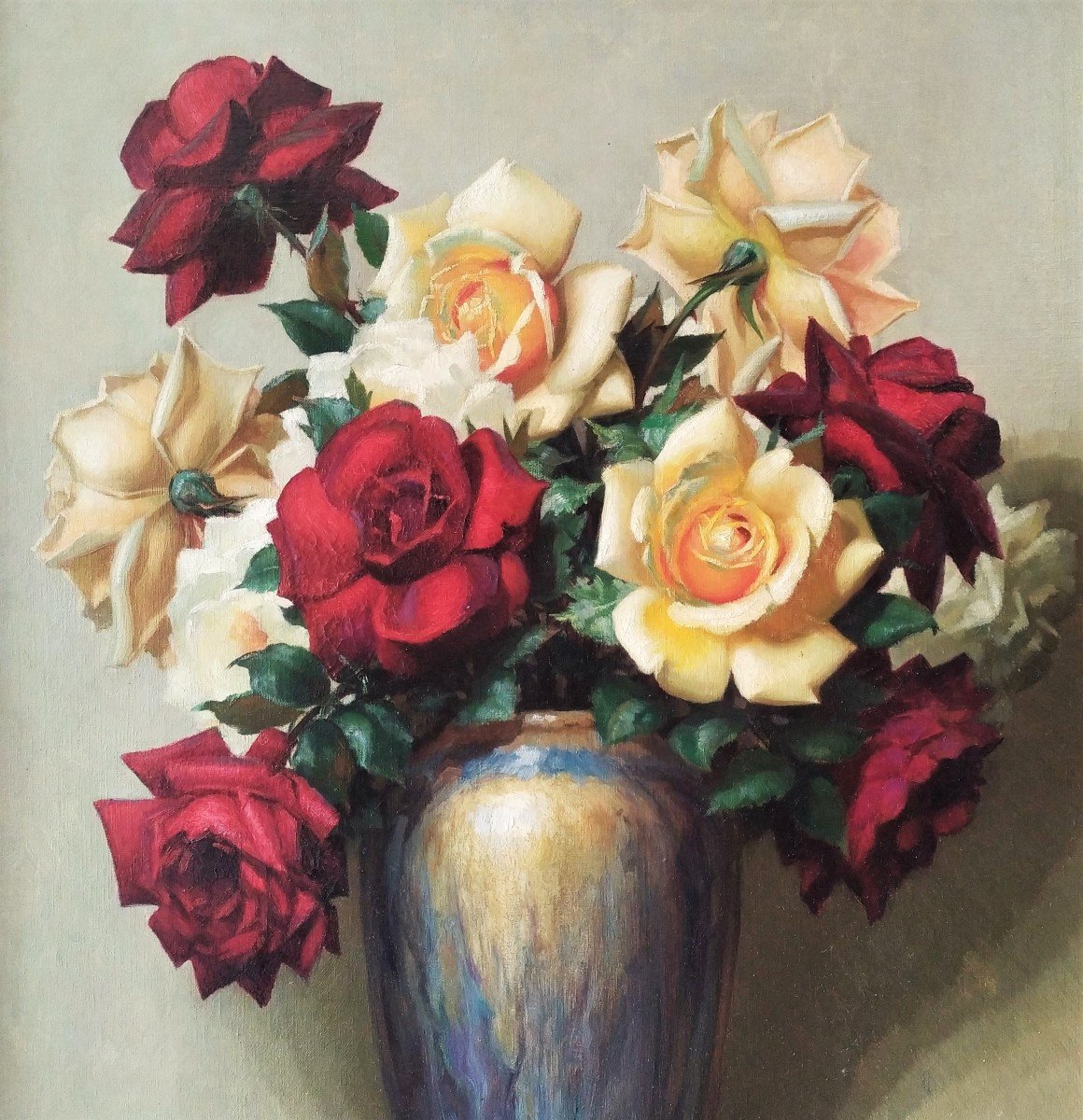 Tableau Huile Sur Toile Nature Morte Roses Par Gaston Albert - Lavrillier -photo-4