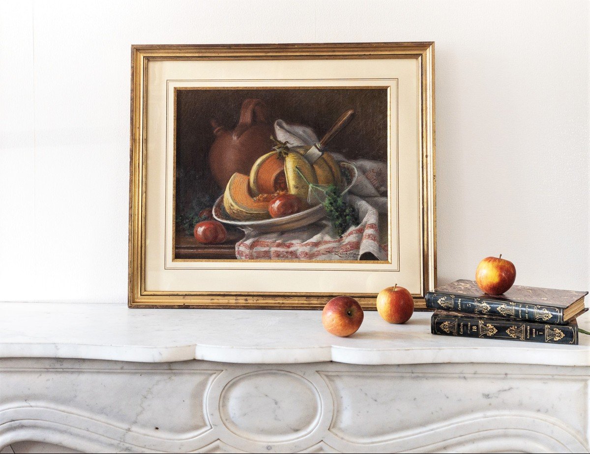 Still Life Pastel By M. Lelièvre Dated 1914 20th C-photo-2