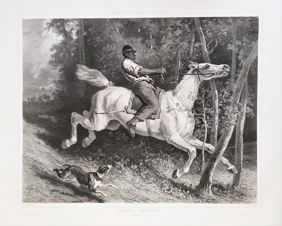 Horse Carried Away Lithograph After Alfred De Dreux 19th C Old Print-photo-2