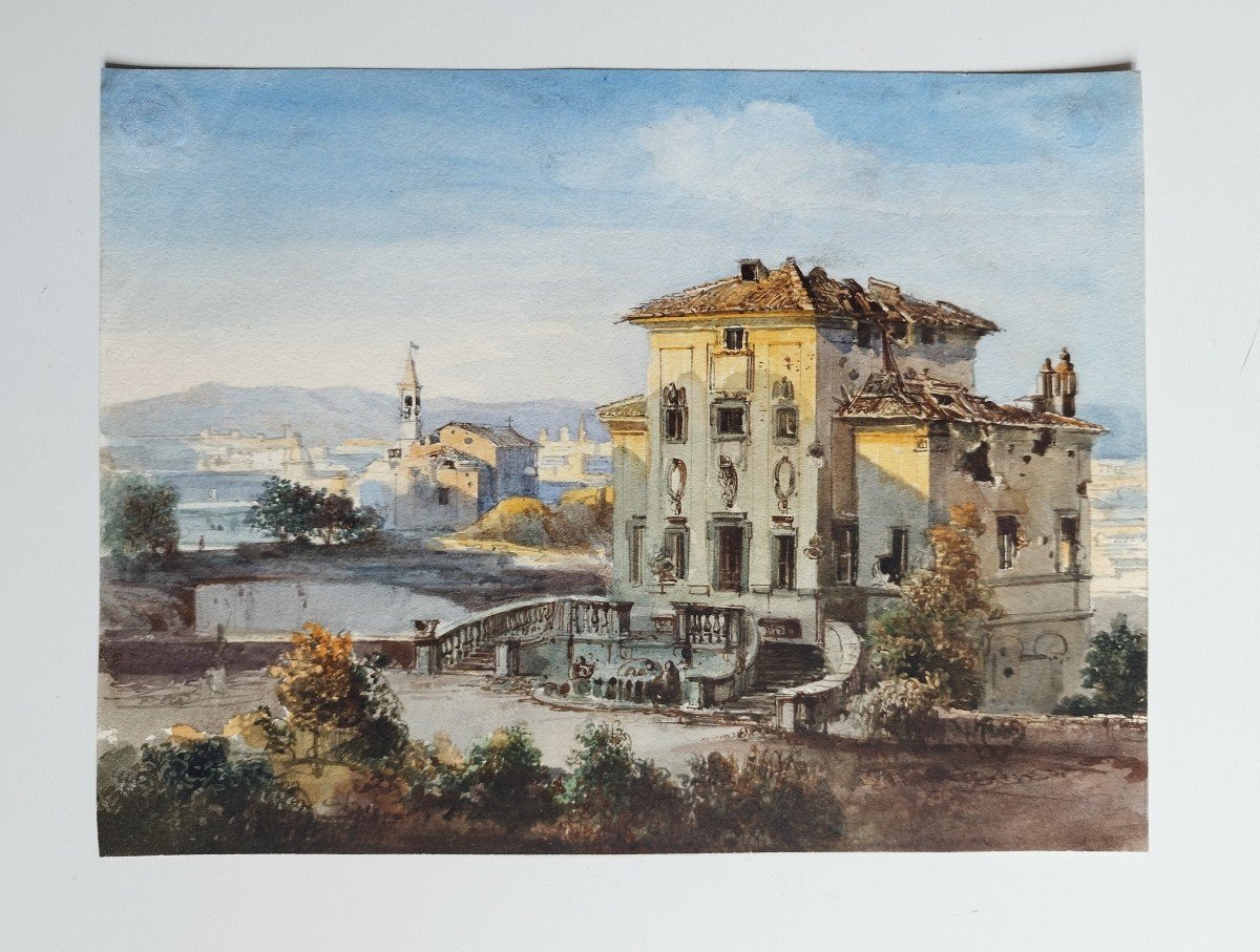Siège De Rome 1849 Villa Ruinée Par Les Bombes, Aquarelle-photo-1