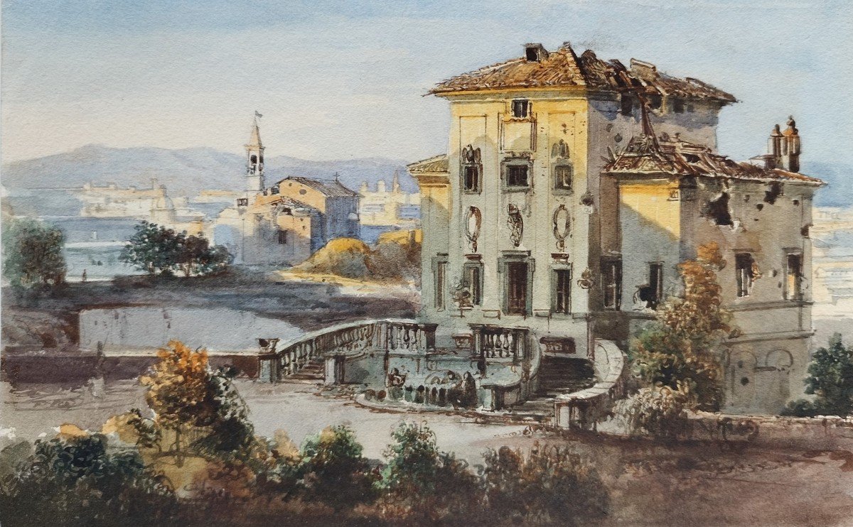 Siège De Rome 1849 Villa Ruinée Par Les Bombes, Aquarelle-photo-3