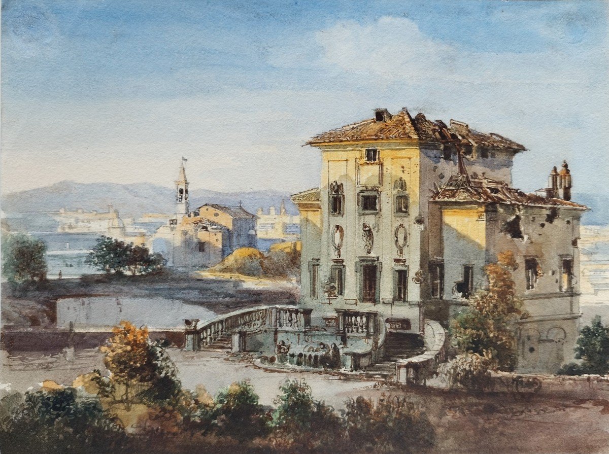 Siège De Rome 1849 Villa Ruinée Par Les Bombes, Aquarelle
