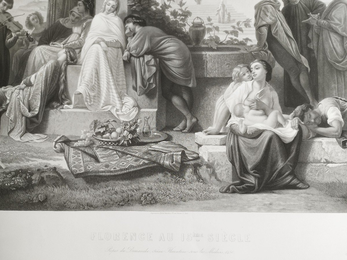 Florence Italy Large Engraving After Auguste Gendron 19th C Old Print Etching-photo-3