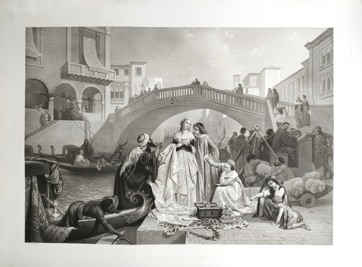 Venice Italy Large Engraving After Auguste Gendron 19th C Old Print Etching-photo-2