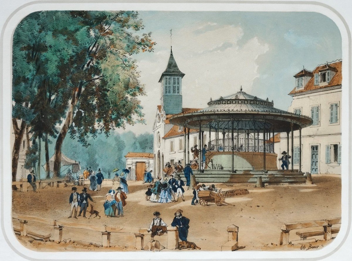 Vichy: Source De l'Hôpital 19th Century Color Lithograph By Ch. Bour-photo-4