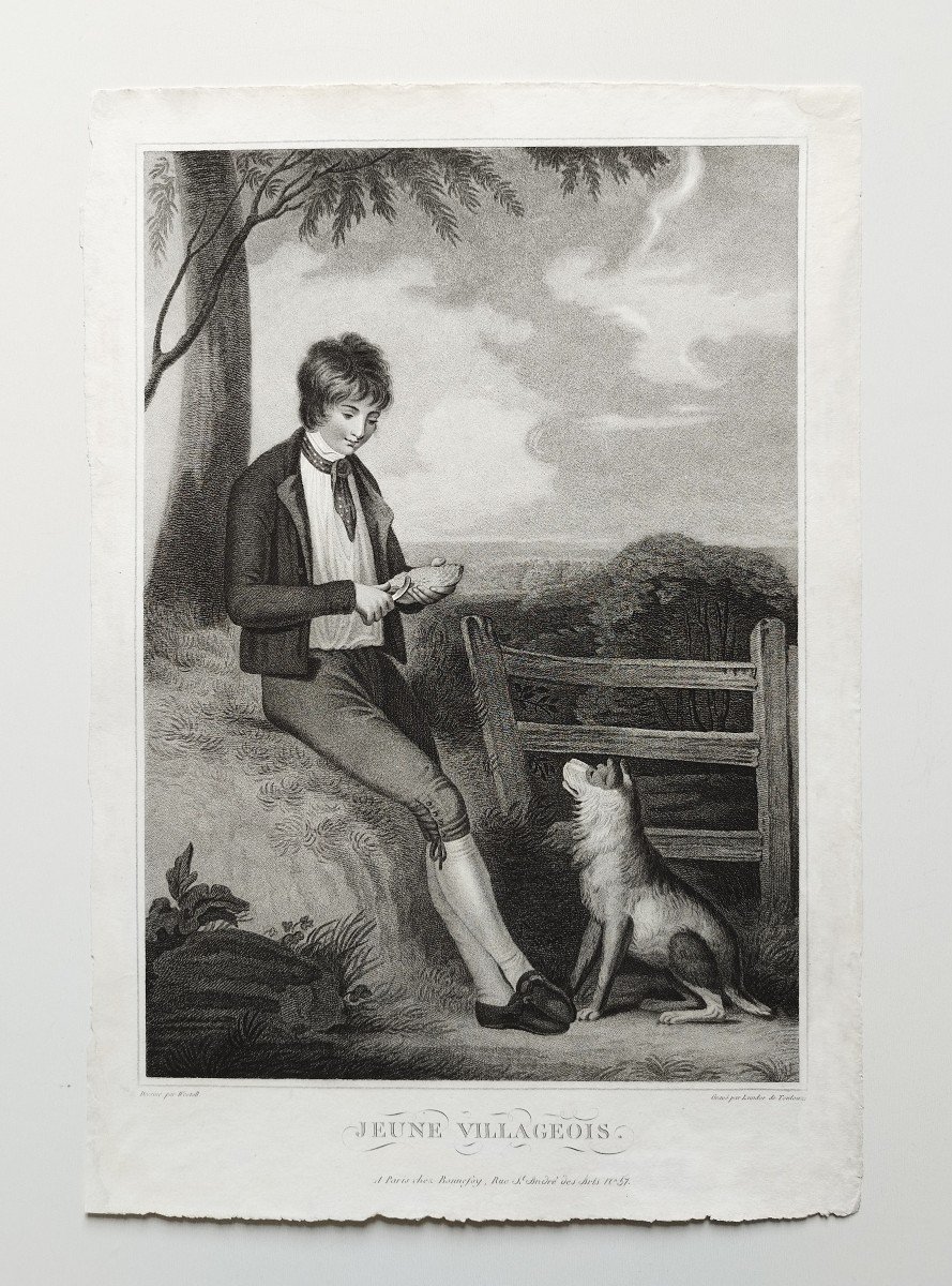 Dog And Young Boy Etching 19th C Engraving Old Print-photo-2