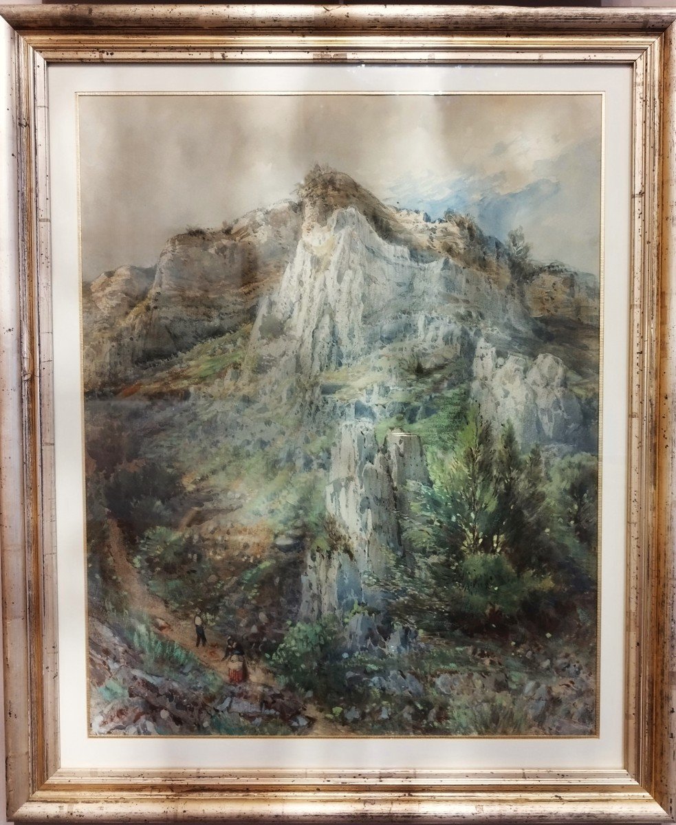 Aquarelle Paysage De Montagne 19ème-photo-4