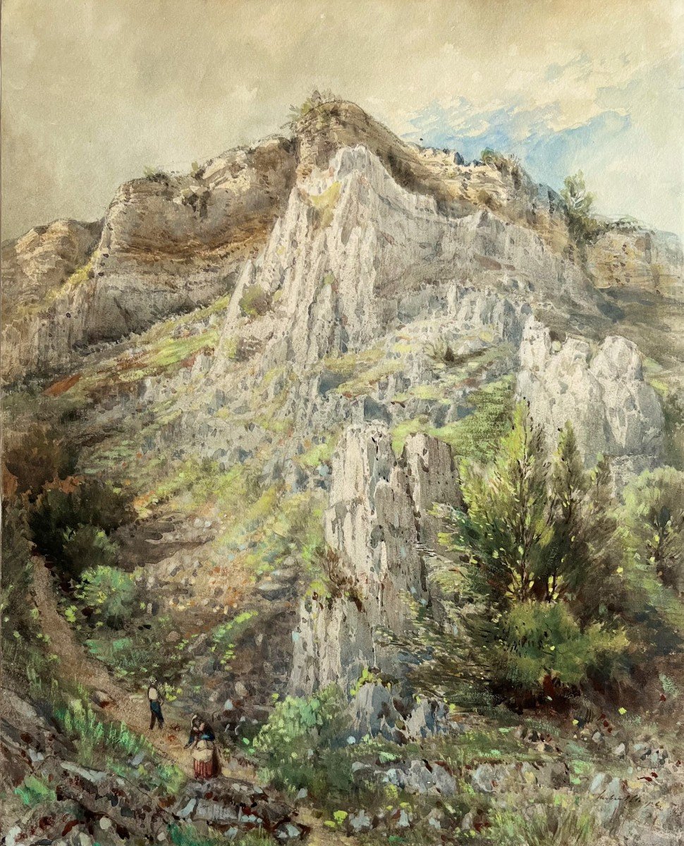 Aquarelle Paysage De Montagne 19ème