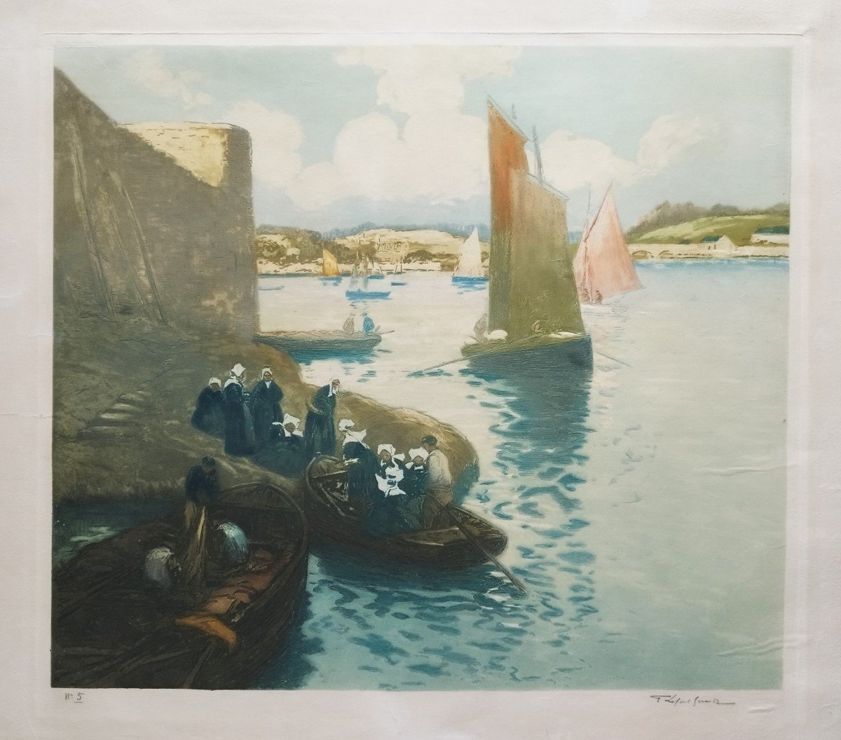 Port en Bretagne Aquatinte par Fernand Legout Gérard Bretonnes Embarquant