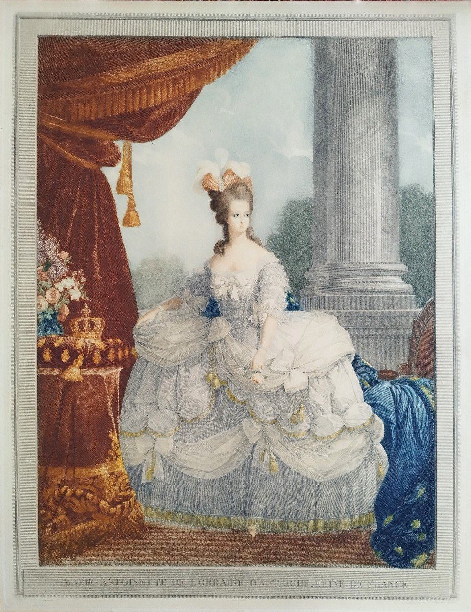 Marie Antoinette Queen Of France Watercolored Engraving Etching Old Print-photo-2