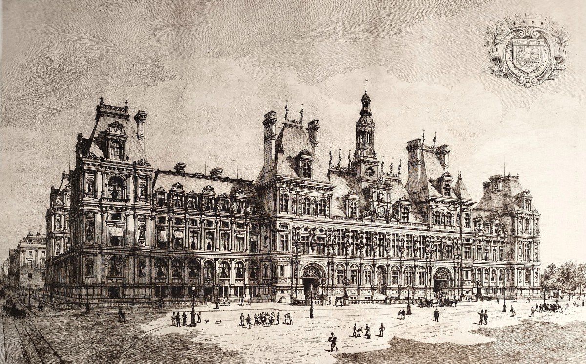 Etching Paris City Hall Engraving By Eugène Sadoux  Old Print Dated 1886 19th C