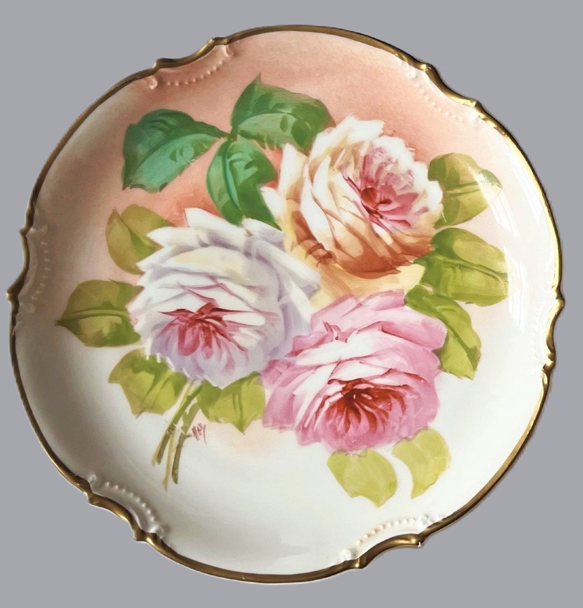 Pair Of Hand Painted Porcelain Plates Decorated With Roses -photo-2