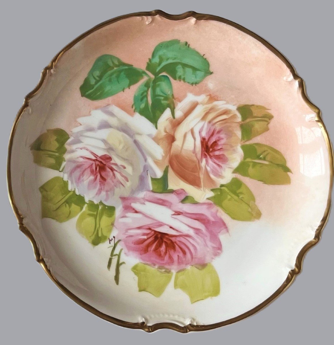 Pair Of Hand Painted Porcelain Plates Decorated With Roses -photo-3