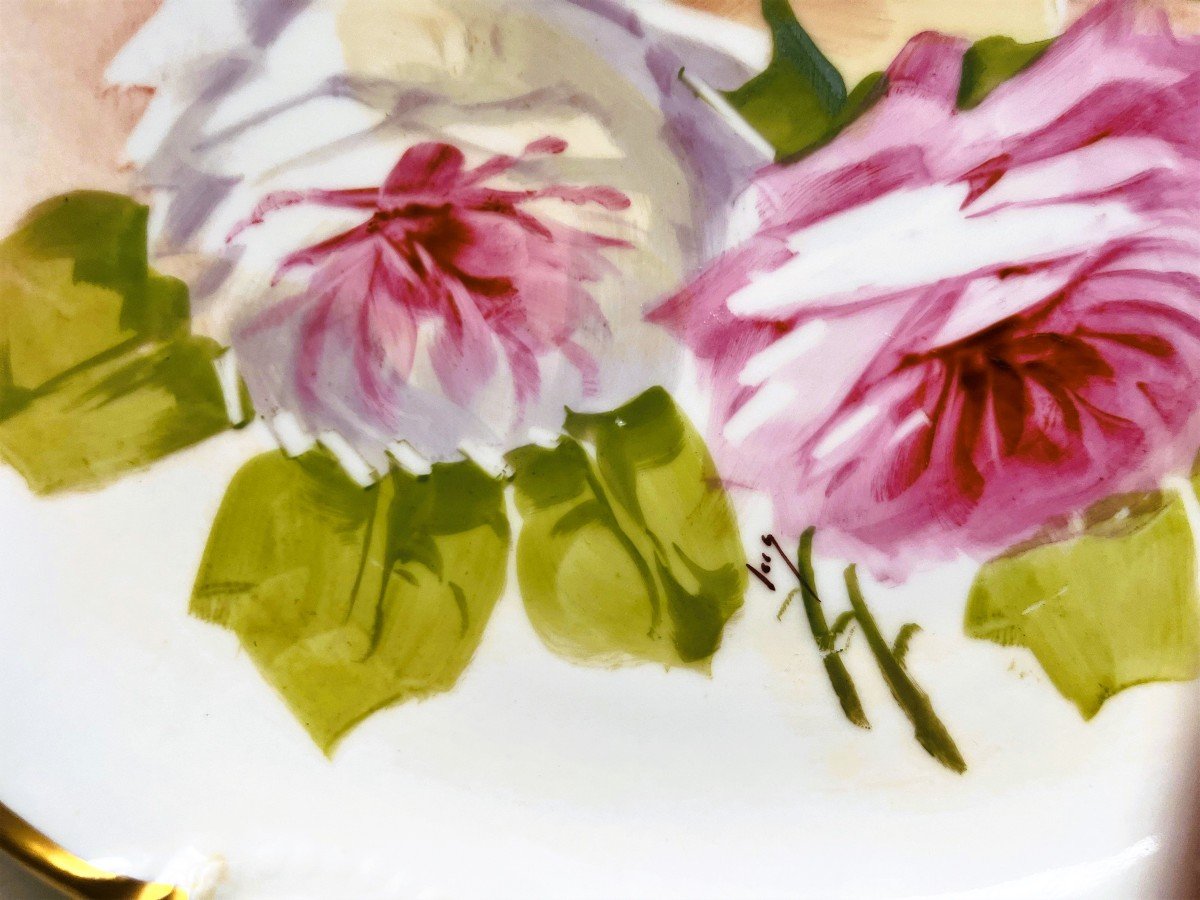 Pair Of Hand Painted Porcelain Plates Decorated With Roses -photo-4