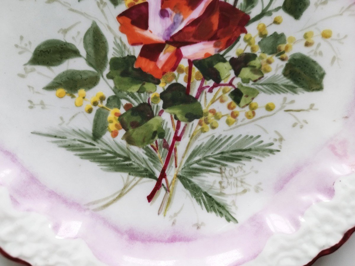 Porcelain Plate  Hand Painted Decor Roses Signed Roux Emile 20th C-photo-3