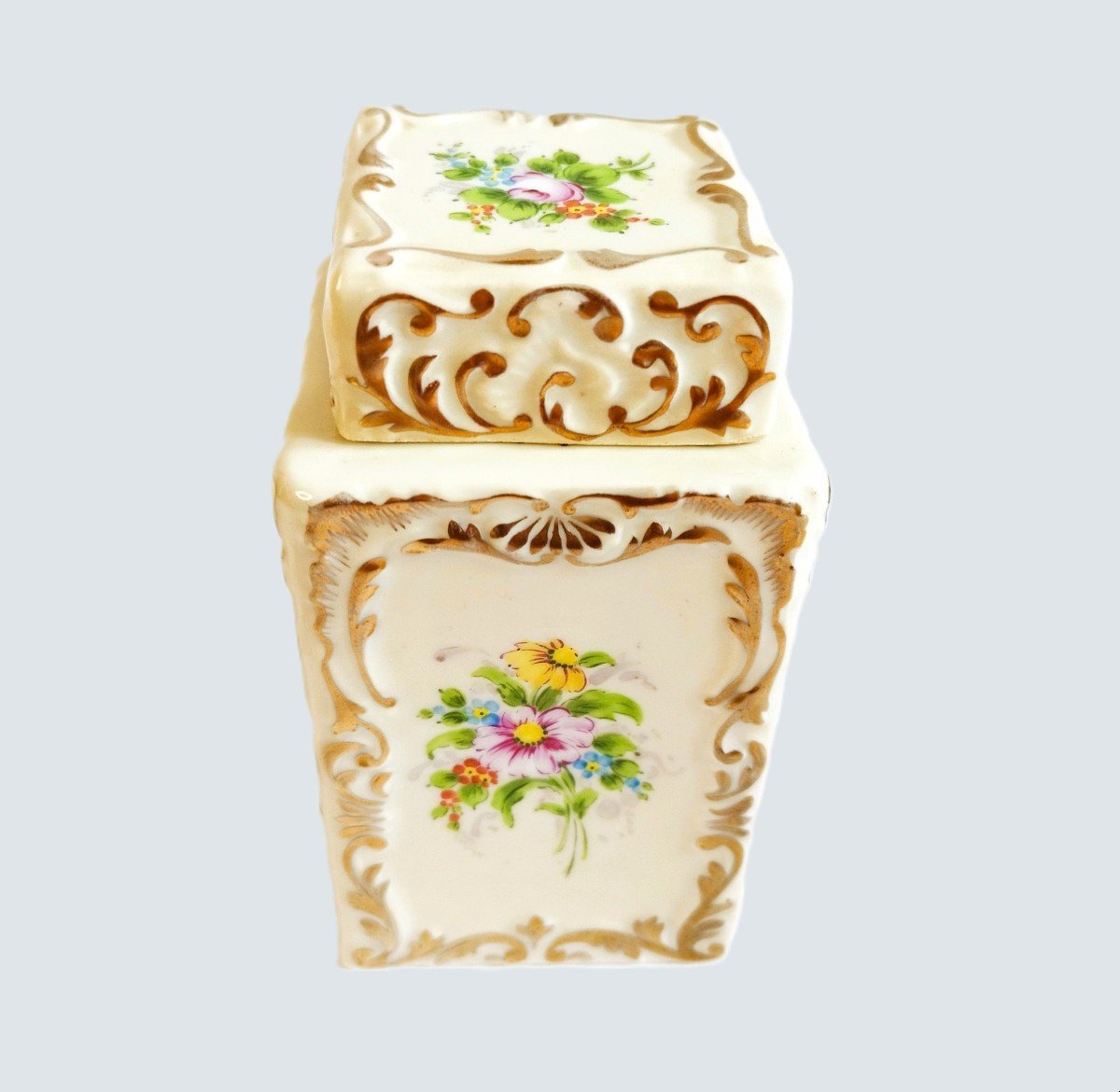 Porcelaine De Paris Boîte à Thé Décor Fleurs Peint à La Main-photo-2