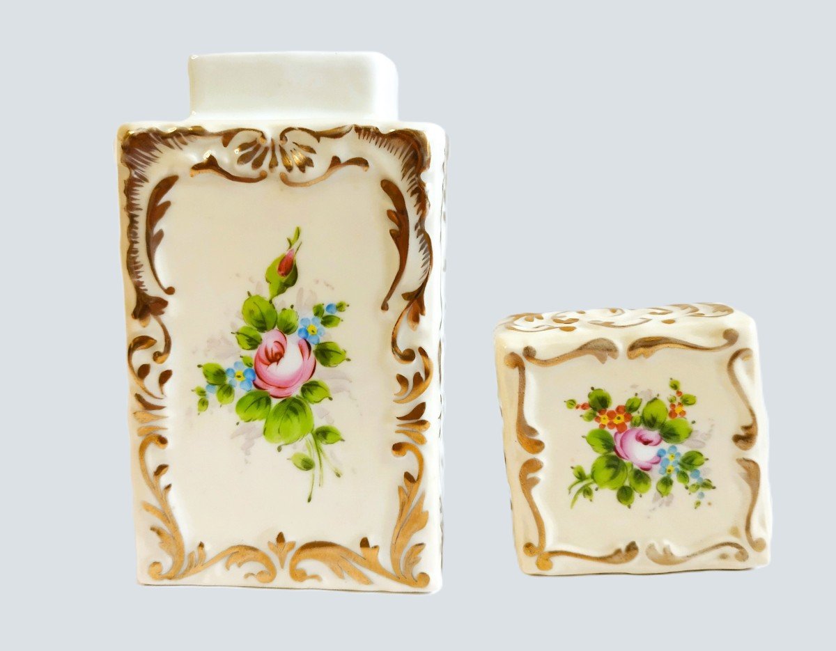 Porcelaine De Paris Boîte à Thé Décor Fleurs Peint à La Main-photo-3