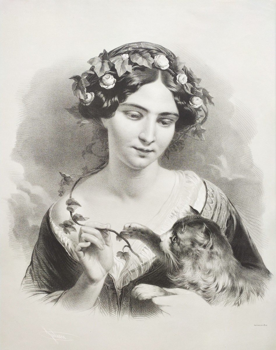 Femme Chat Grande Lithographie 19ème 