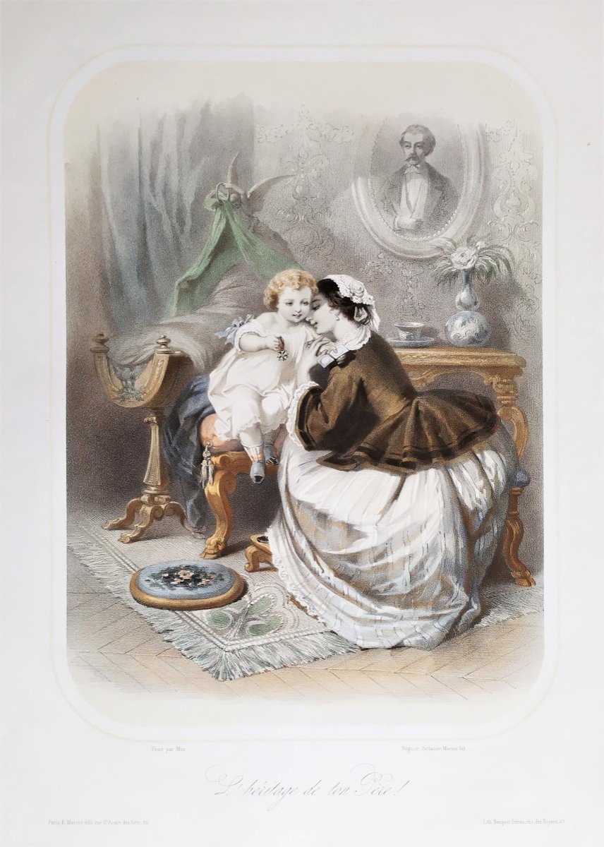 Watercolored Lithograph Mother And Child 19th C Old Print Father's Heritage-photo-3