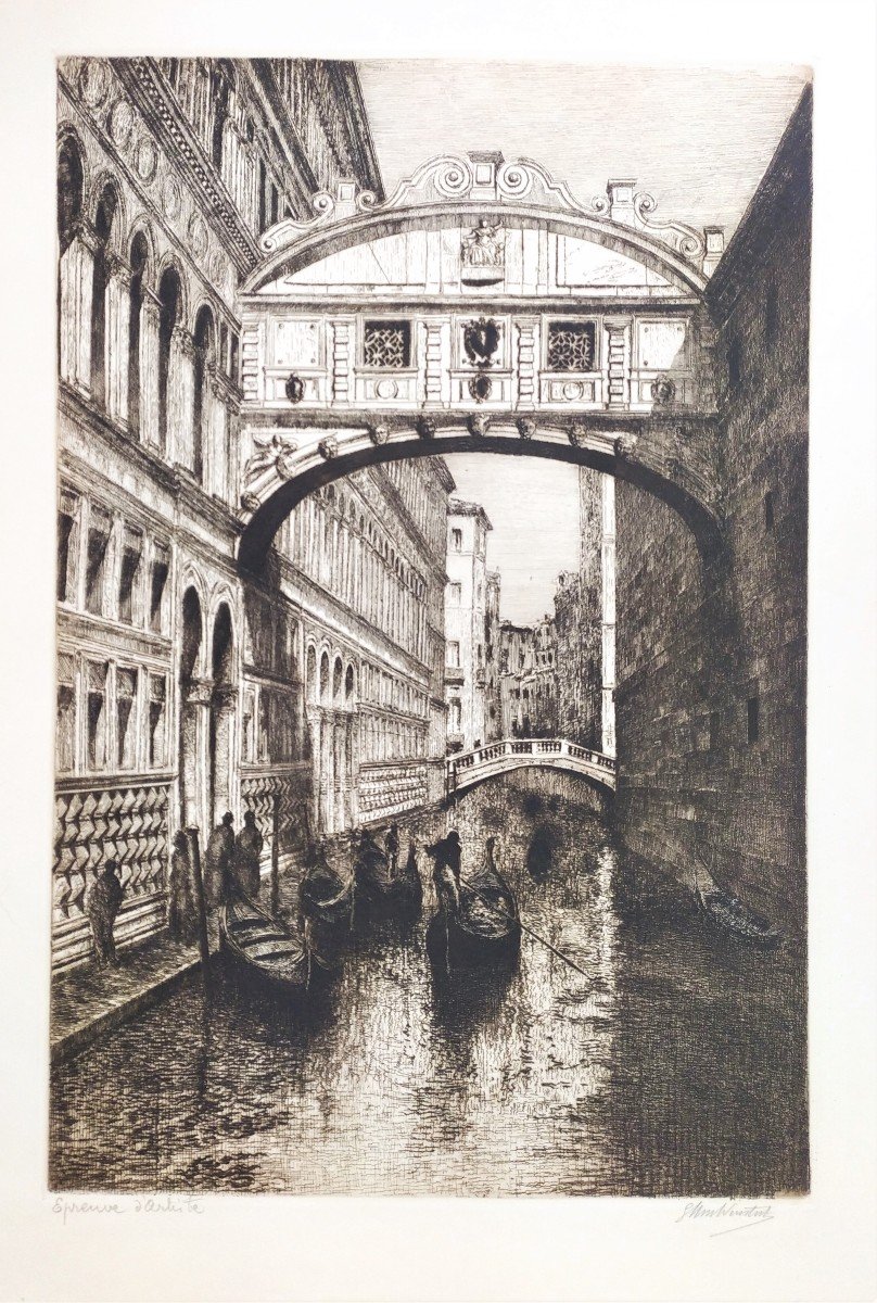  Venice The Bridge Of Sighs Gondolas Etching 20th C Engraving Old Print-photo-3