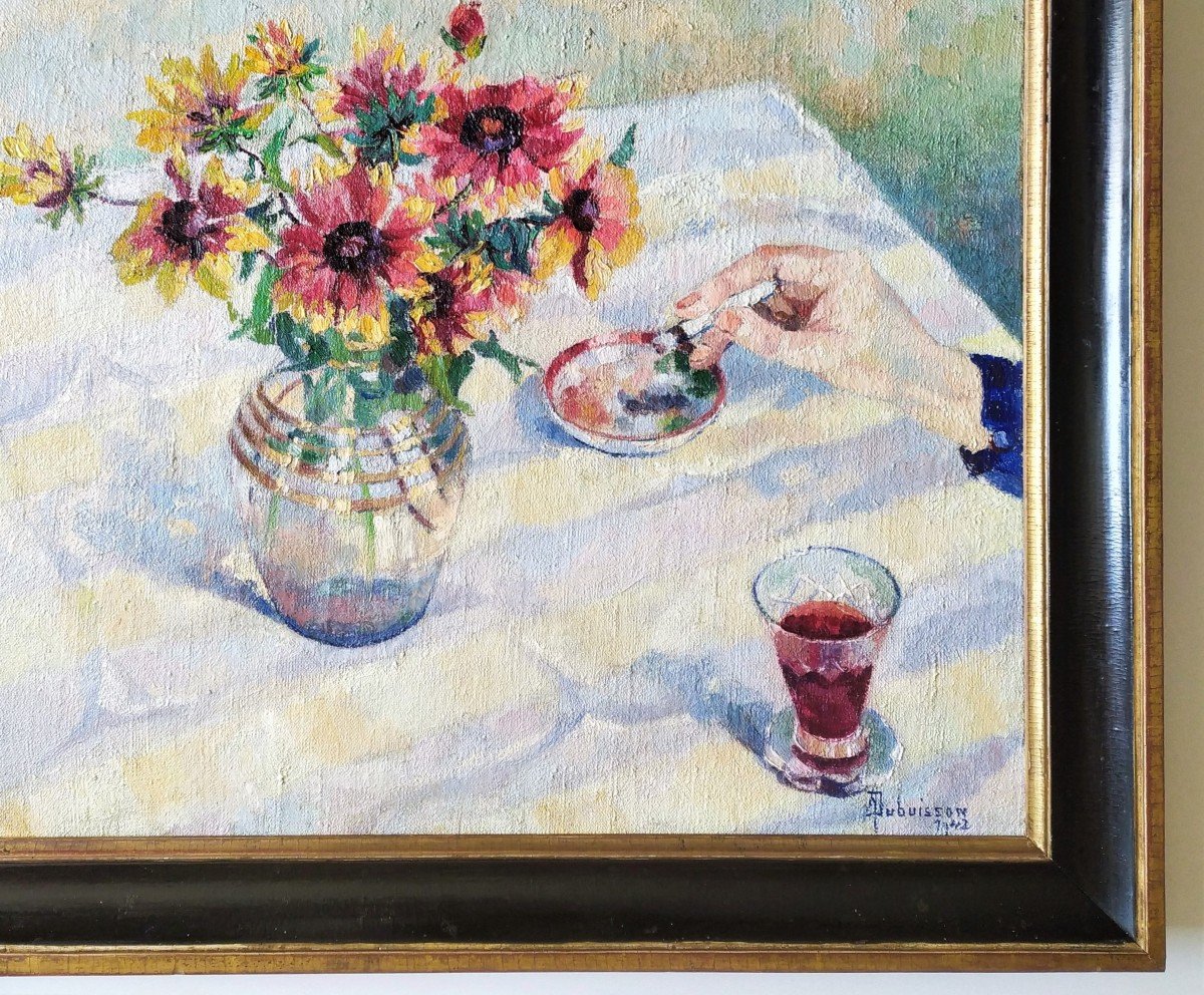   Tableau Huile Sur Toile Nature Morte  Fleurs Cendrier Cigarette Tabacologie 20ème-photo-1