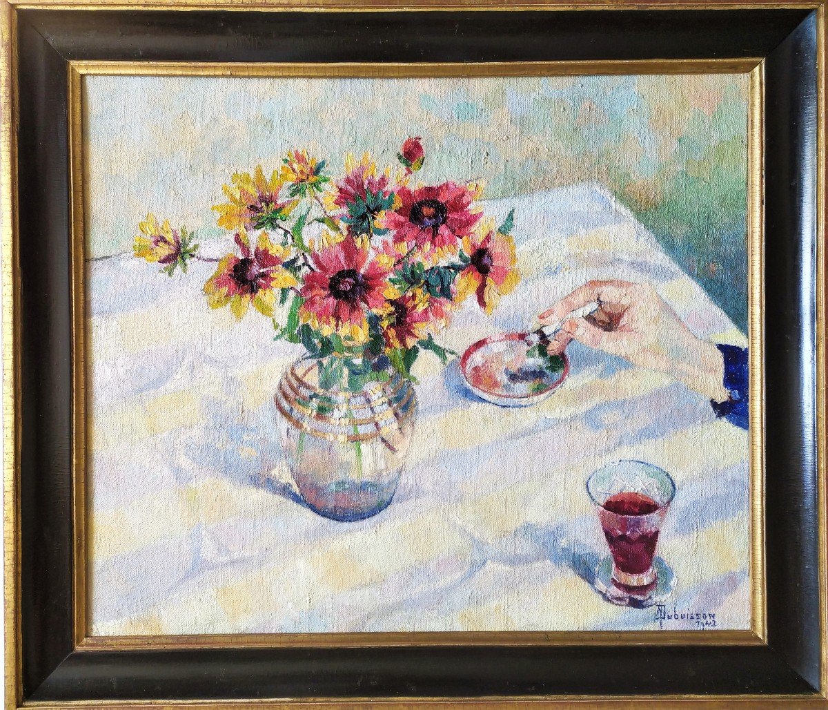   Tableau Huile Sur Toile Nature Morte  Fleurs Cendrier Cigarette Tabacologie 20ème