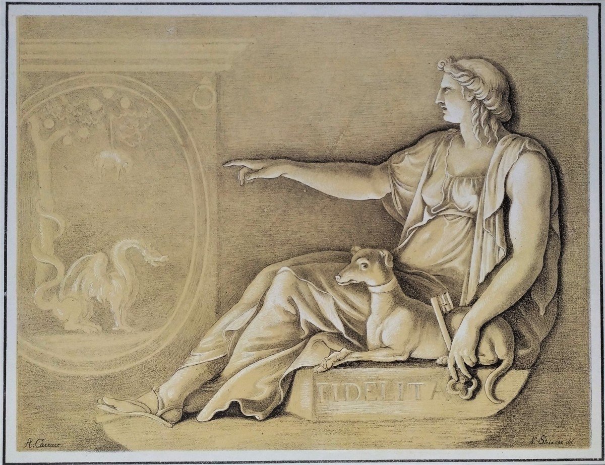 Fidelitas Allegorical Lithograph By Johann Nepomuk Strixner 19th Century Old Print-photo-3