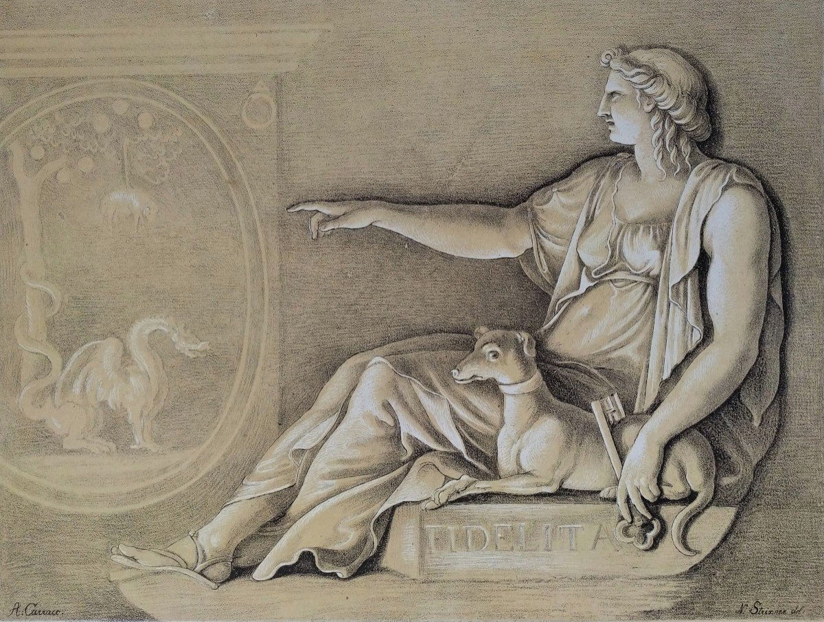 Fidelitas Allegorical Lithograph By Johann Nepomuk Strixner 19th Century Old Print-photo-2