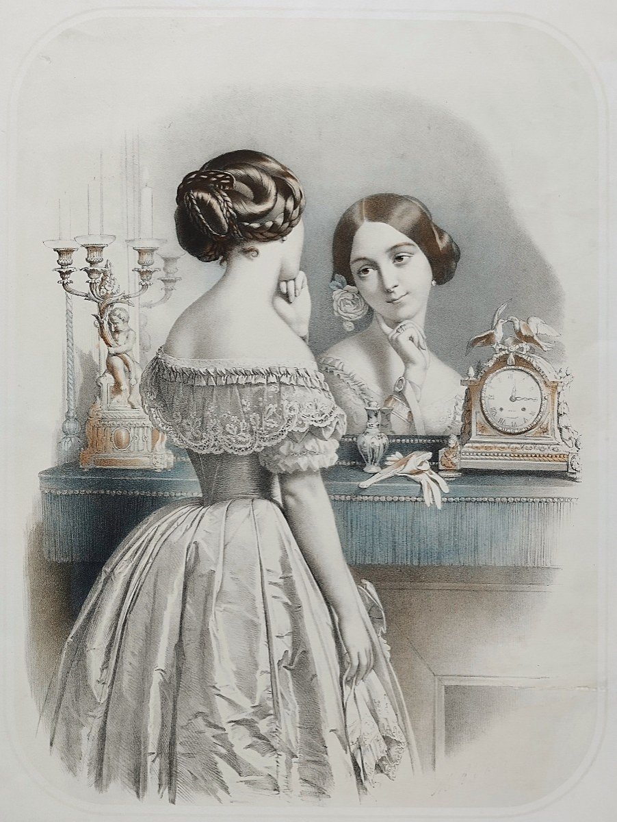 Victirian Portrait Of A Lady In A Mirror Finely Watercolored Lithograph 19th Century Old Print-photo-1