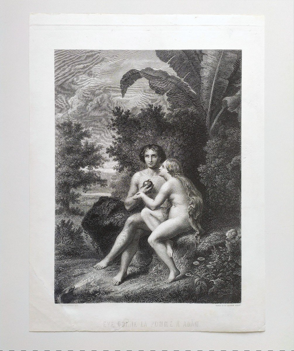 Nude Eve Adam Biblical Scene Engraving By Moret And Ch. Lalaisse 19th C Etching Old Print-photo-2