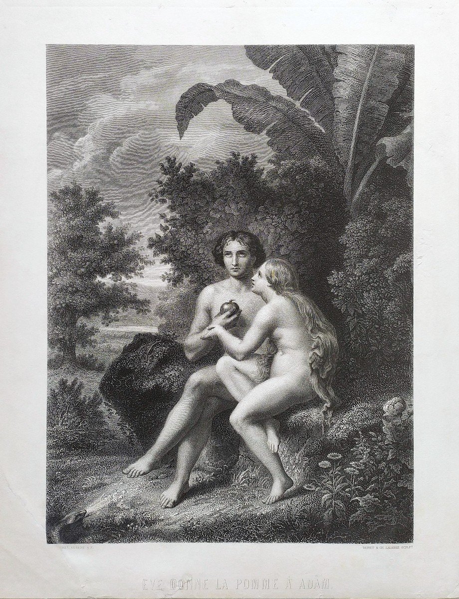 Nude Eve Adam Biblical Scene Engraving By Moret And Ch. Lalaisse 19th C Etching Old Print-photo-3
