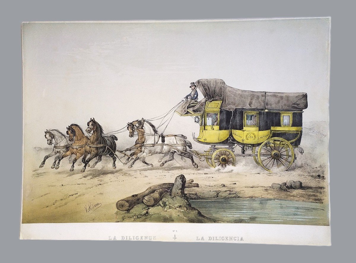 The Coach Colored Lithograph By Victor Adam Horse 19th Century Old Print-photo-2