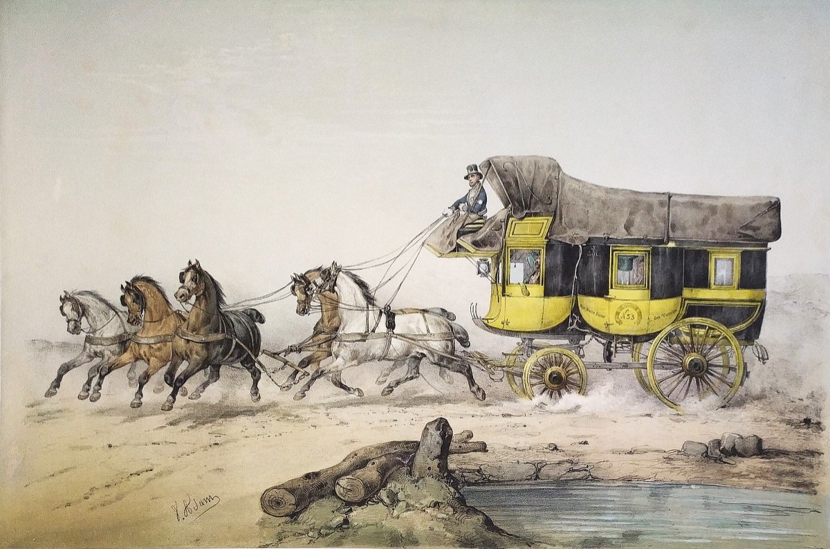 The Coach Colored Lithograph By Victor Adam Horse 19th Century Old Print
