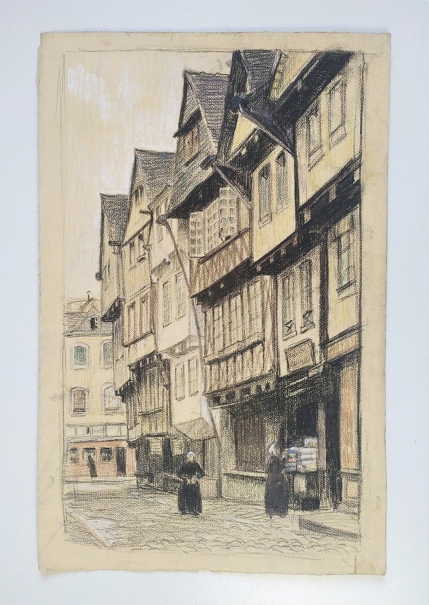 Brittany Alley And Old Houses Charcoal And Grease Pencil-photo-2